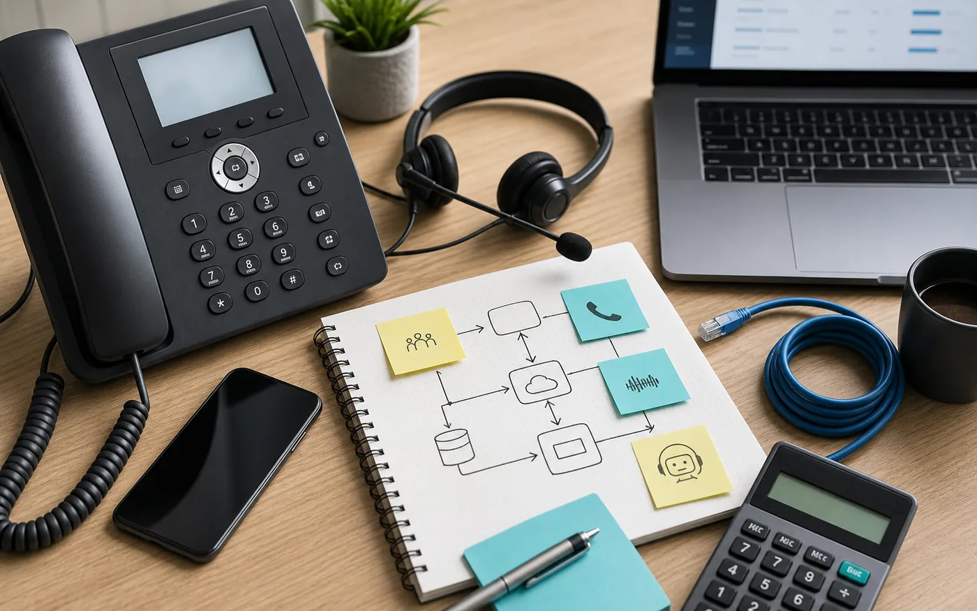 Desk phone, headset, laptop, calculator, and routing notes used to plan a business VoIP migration.