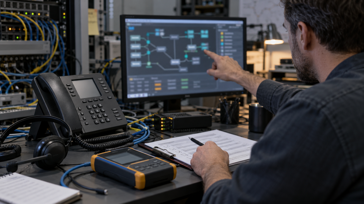 Synthetic representative editorial scene of a telecom engineer reviewing unbranded phone routing equipment; not a photograph of a named company or reported event.