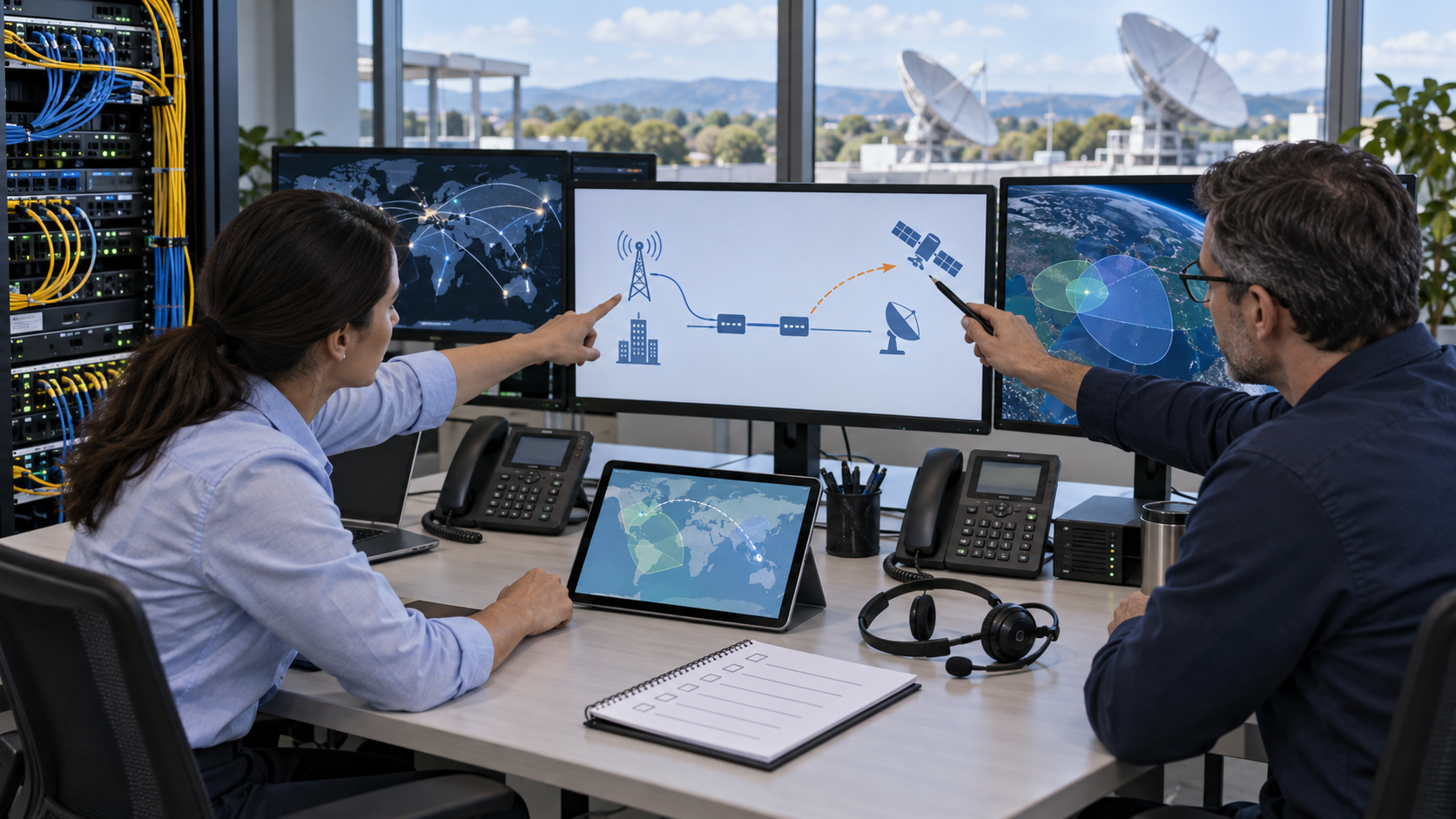 Synthetic editorial image of telecom engineers reviewing unbranded desk phones, network equipment, satellite backup route diagrams, and blank continuity paperwork.