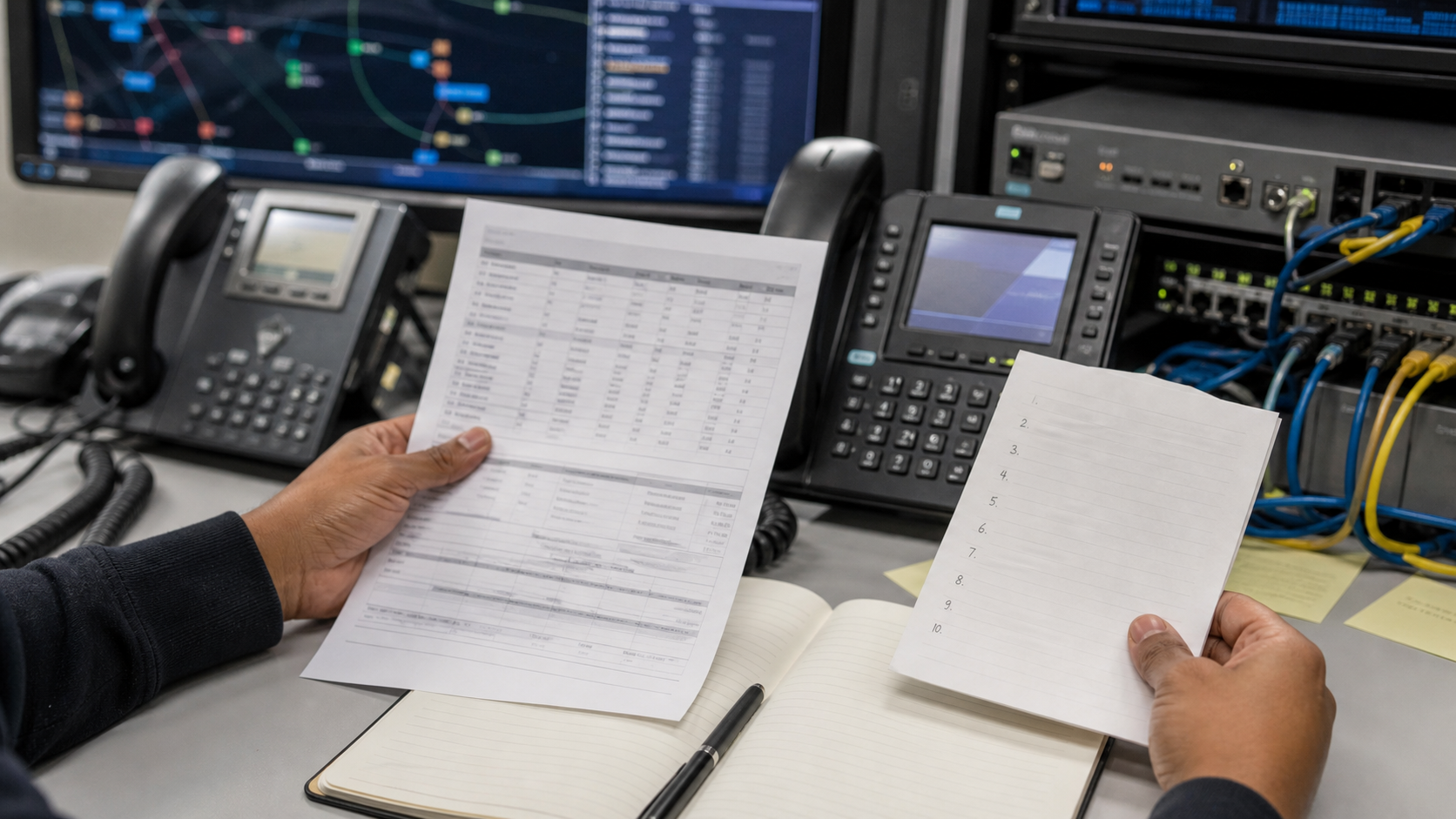 Synthetic editorial image of telecom operations staff reviewing unbranded desk phones, network rack, blurred routing screens, call-detail printouts, and blank test-call notes.