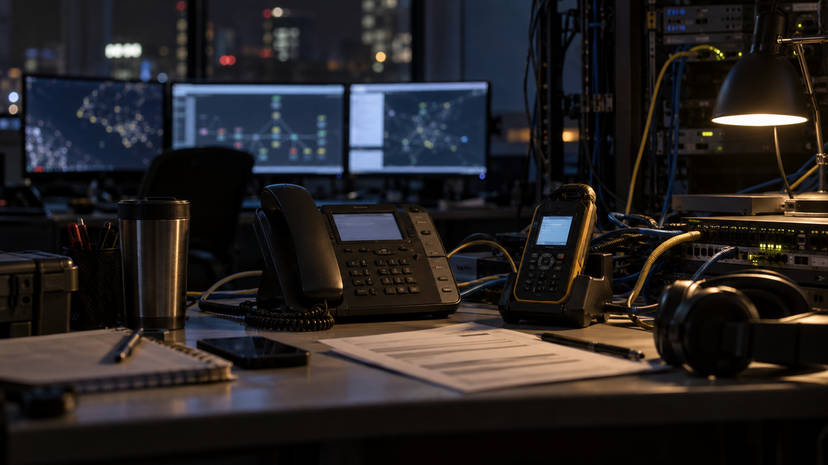 Synthetic representative editorial scene of an unbranded telecom emergency-route review bench; not Bell, CRTC, a PSAP or an actual 911 outage room.