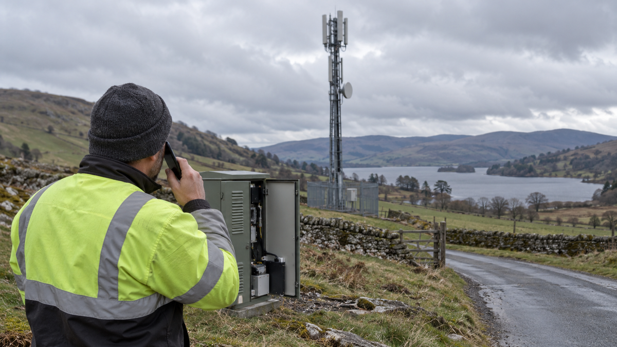 Synthetic representative editorial scene of unbranded rural communications equipment and a mobile phone; not a photograph of a carrier deployment.