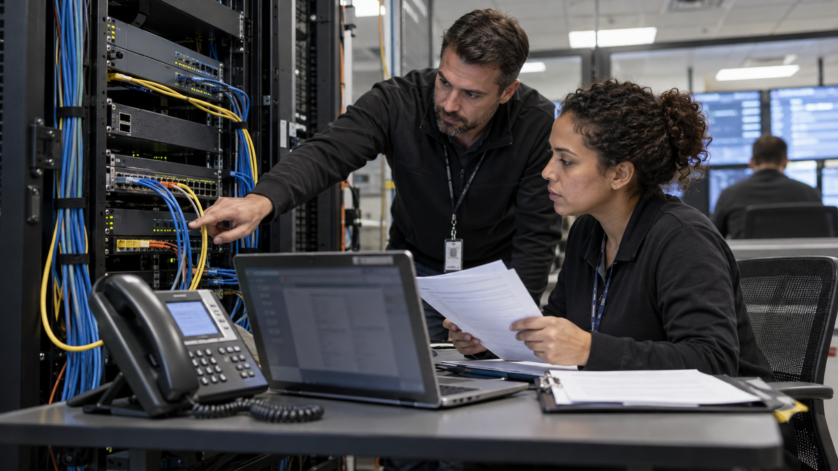 Synthetic editorial image of unbranded telecom engineers reviewing router racks, a desk phone, blurred maintenance screens and blank change-control paperwork without logos or readable data.