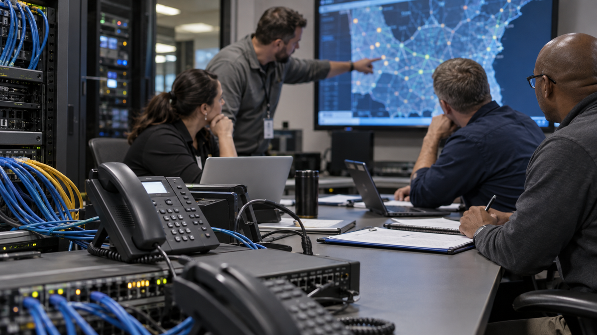 Synthetic editorial image of unbranded telecom equipment, desk phones, blurred routing diagrams and emergency-calling proof paperwork without readable data.