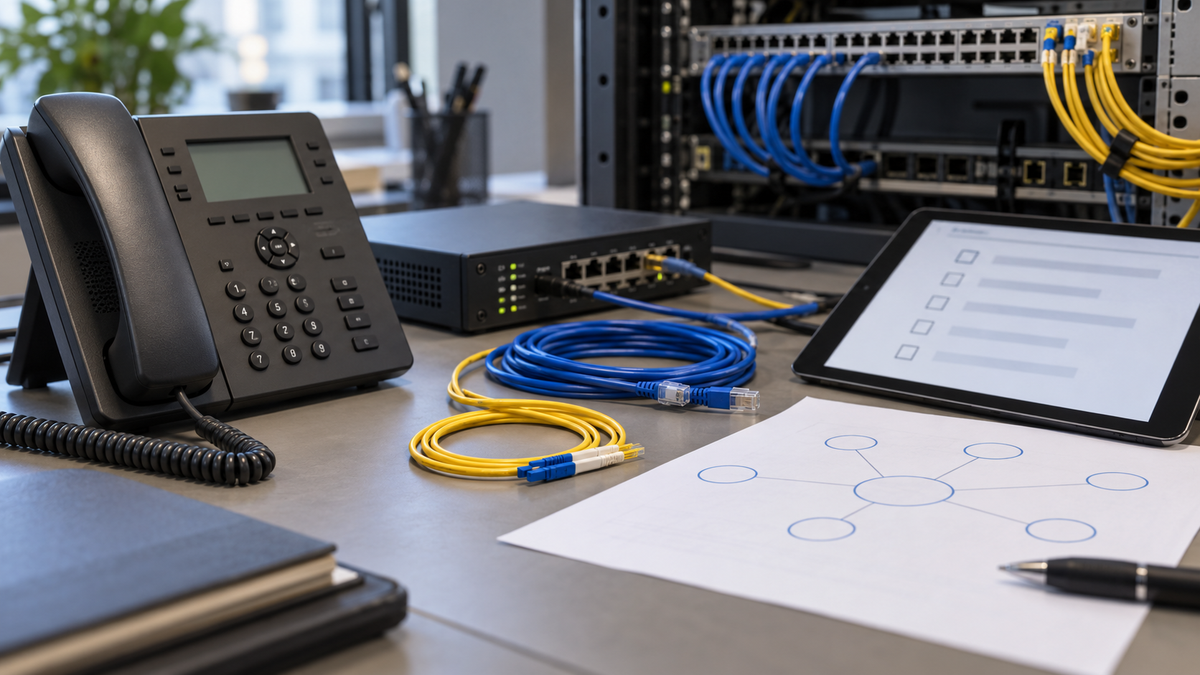 Synthetic representative editorial scene of an unbranded telecom compliance bench; not an FCC facility, carrier system or actual RMD filing.