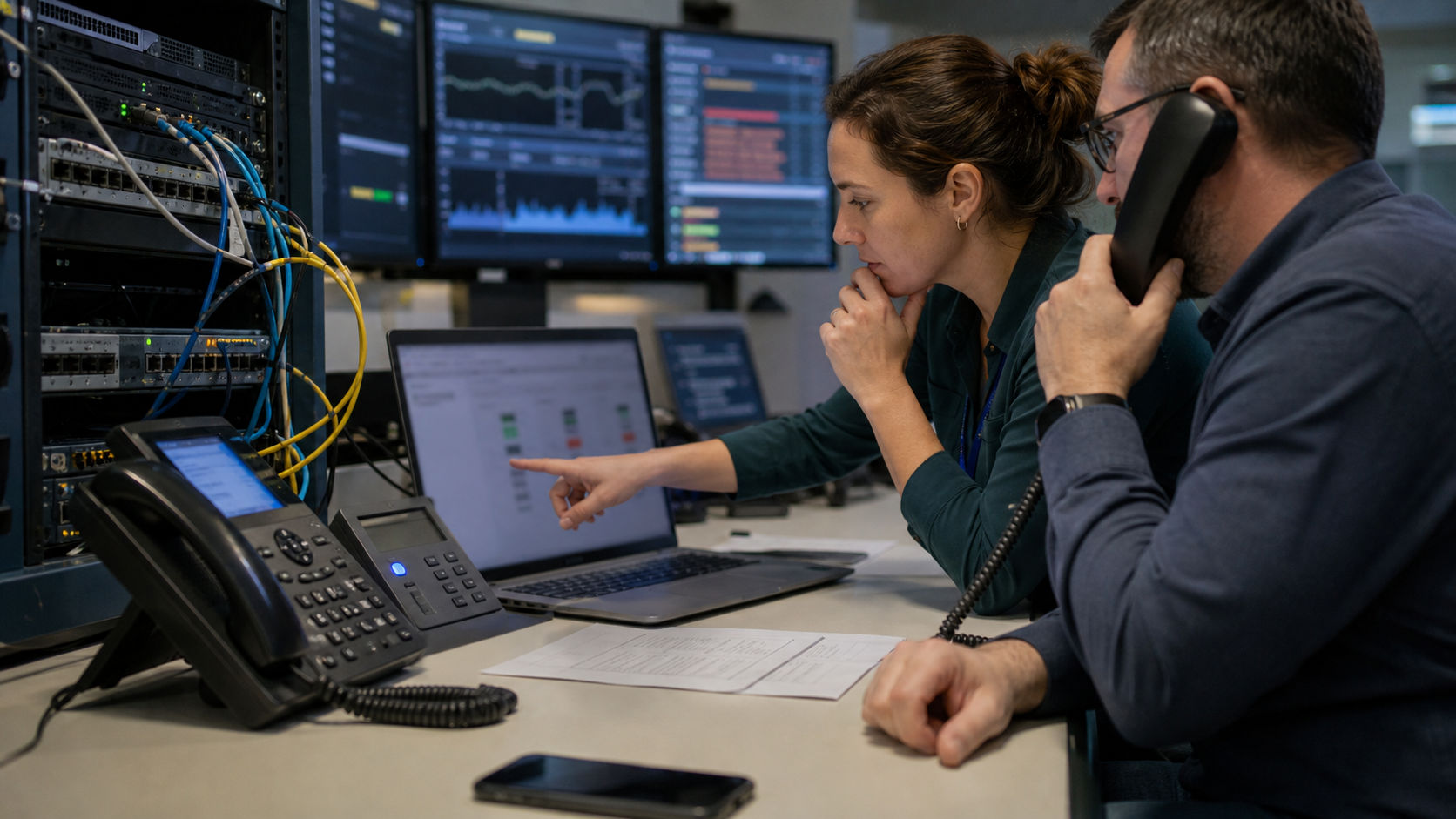 Synthetic editorial image of telecom continuity staff reviewing unbranded desk phones, network rack, laptops, blurred monitoring screens, and call evidence.
