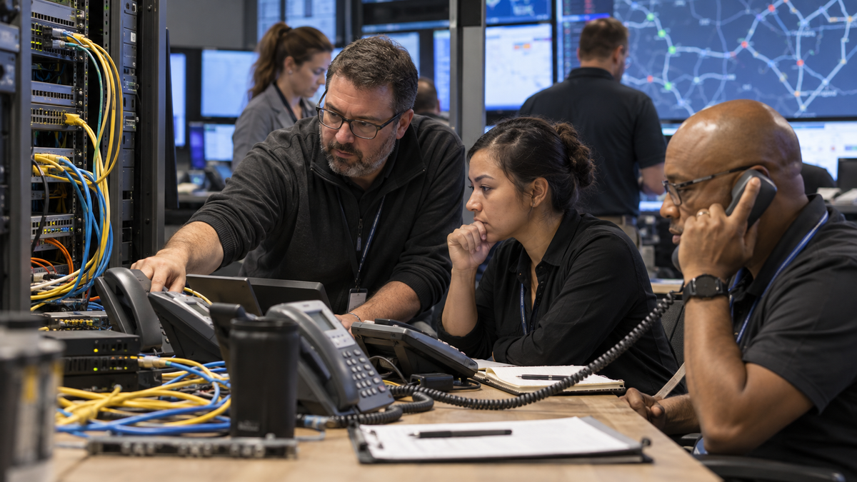 Synthetic editorial image of an unbranded telecom operations room reviewing emergency-call routing continuity with generic phones, network rack, blurred monitoring screens, blank paperwork, patch cables and no logos or readable data.