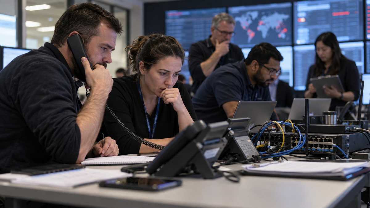 Synthetic editorial image of unbranded telecom engineers reviewing an emergency-call continuity incident with desk phones, router gear, blurred status screens, blank paperwork and no logos or readable data.