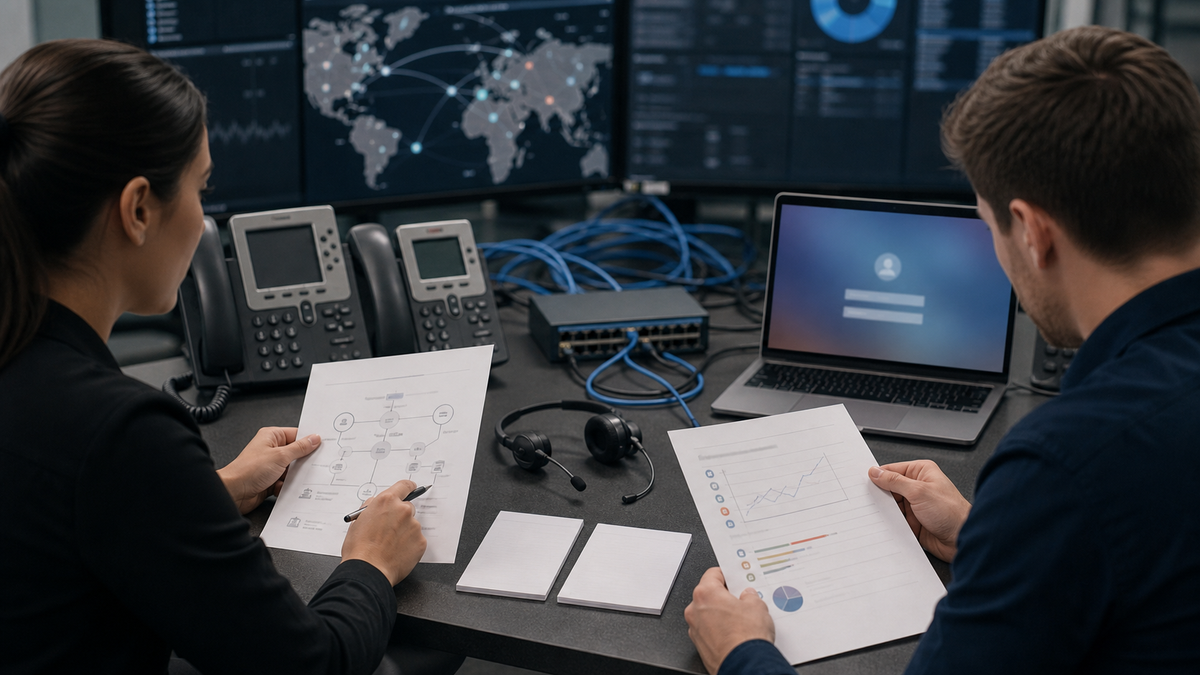 Synthetic editorial image of telecom and identity-security analysts reviewing unbranded VoIP phones, network equipment, blurred login screens, and blank safe-sender paperwork.