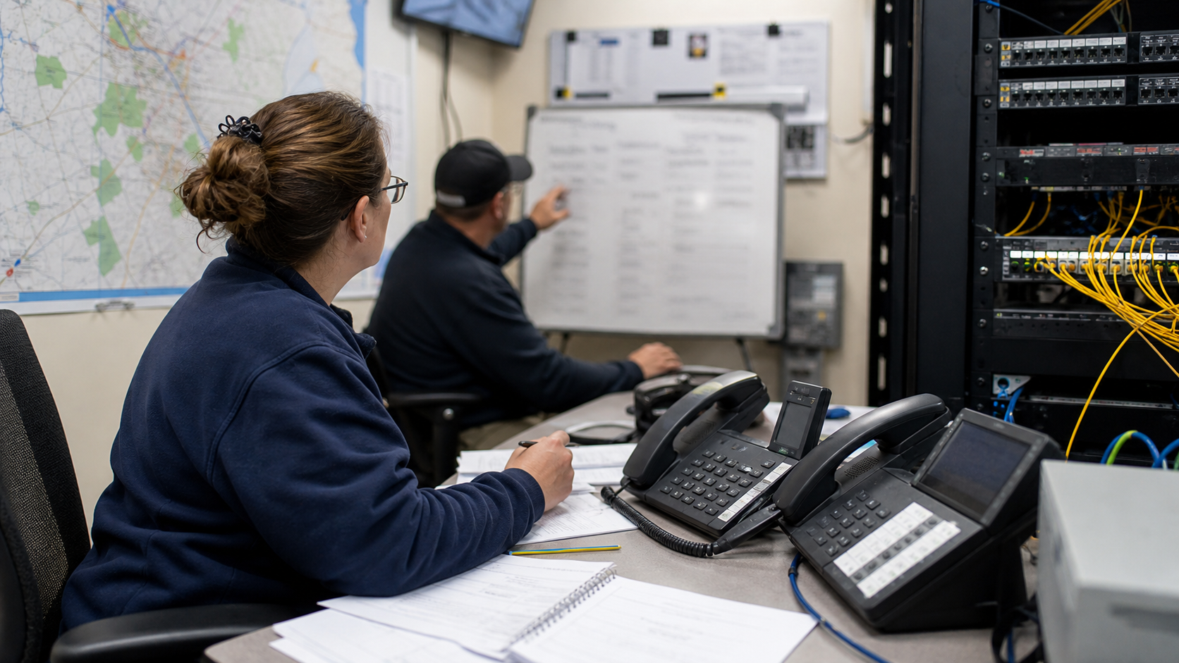 Synthetic editorial image of telecom operations staff reviewing unbranded desk phones, network rack, route map, and blank continuity paperwork.
