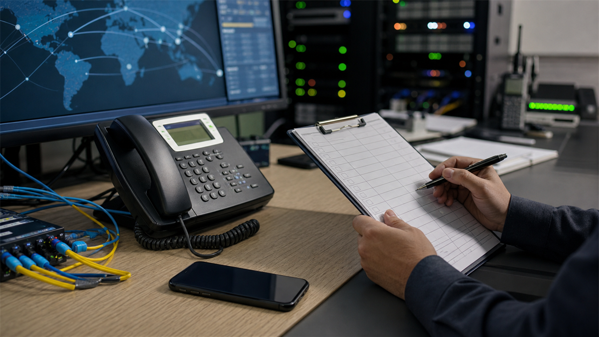 Synthetic editorial image of telecom operations staff reviewing unbranded desk phones, smartphone, network rack, route map, and blank continuity paperwork.