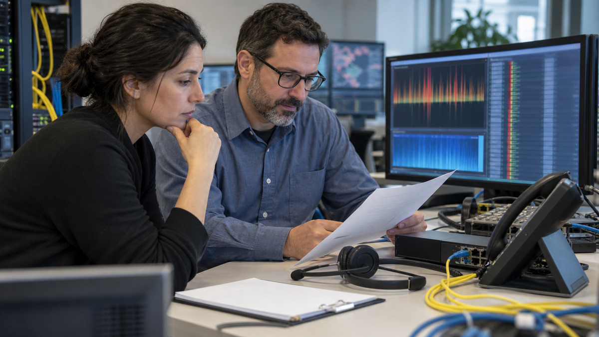 Synthetic editorial image of unbranded telecom analysts reviewing unwanted call traffic evidence with desk phone, headset, spectrum monitors, router gear and blank paperwork without logos or readable data.