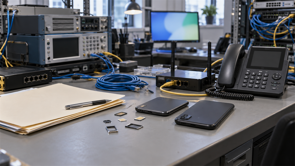 Synthetic representative editorial scene of an unbranded telecom and mobile-route review bench; not Trump Mobile, T1 Mobile, Liberty Mobile, an FCC facility or an actual customer system.