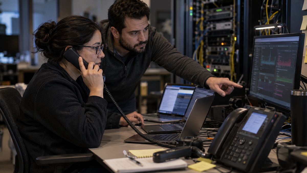 Synthetic representative editorial scene of an unbranded telecom operations desk reviewing carrier-route evidence; not Twilio, a carrier facility or an actual customer system.