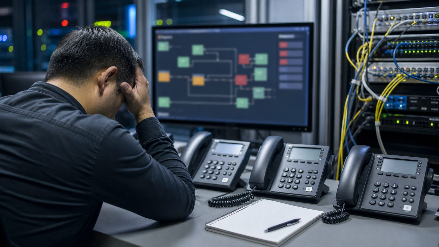 Synthetic editorial image of telecom operations staff reviewing unbranded desk phones, network rack, blurred call-routing monitor, patch cables, and blank incident notebook.