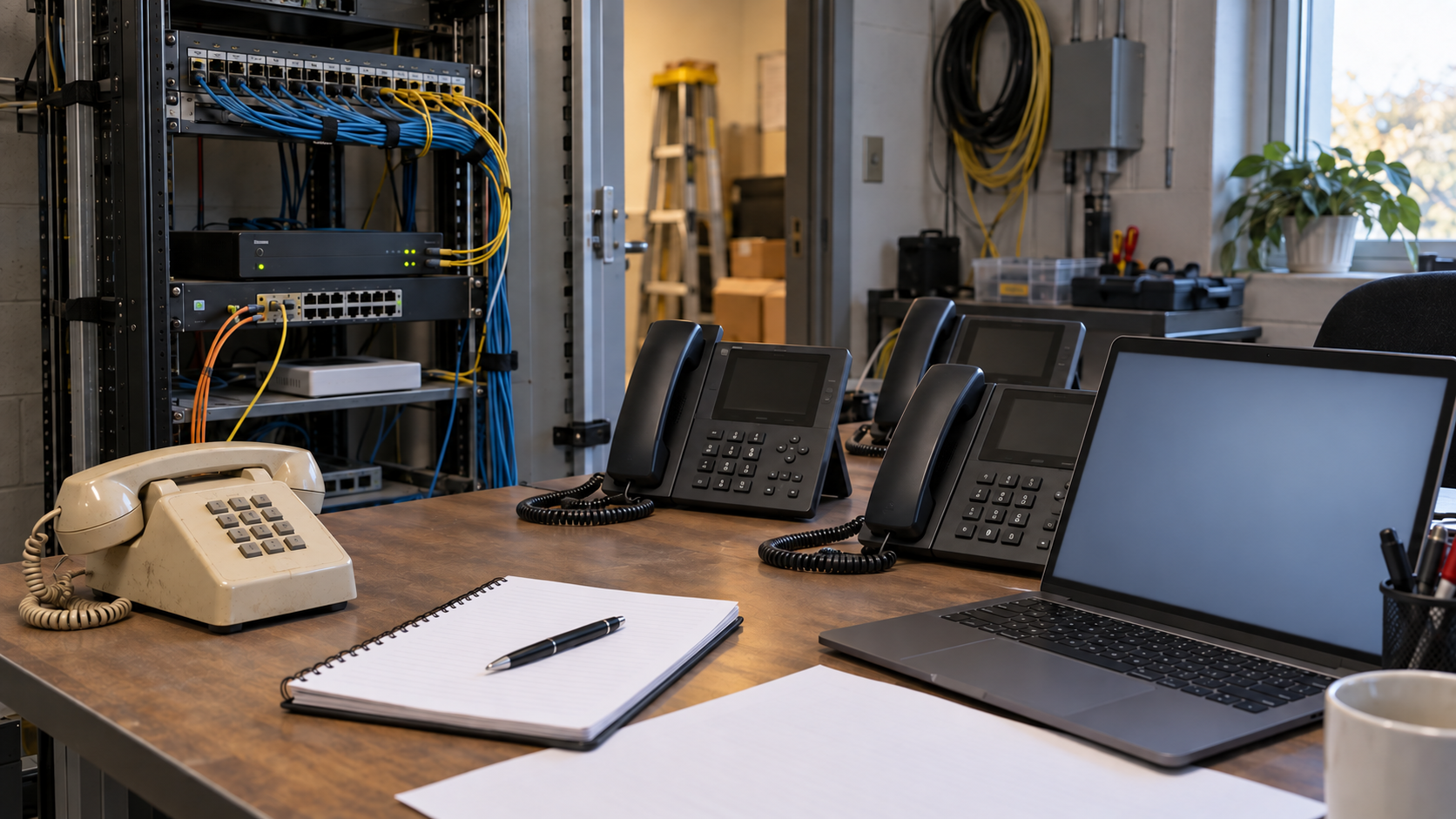 Synthetic editorial image of an unbranded telecom workbench planning a copper to VoIP migration with analog phone, generic VoIP phones, network rack, blurred laptop dashboard and blank paperwork with no logos or readable data.